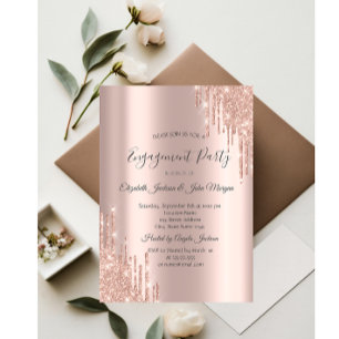 Convite Elegante Noivado com Glitter Drips em Ouro Rosa
