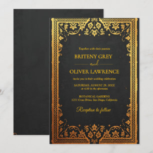 Convite Elegante noivado em azul marinho com Gold Papel Pi