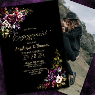 Convite Elegante Noivado Floral Borgonha Preto