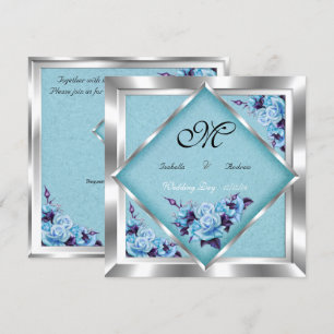 Convite Elegante Noivado Teal Rosas Roxas Buquê Prata