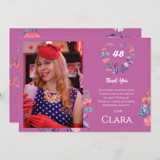 Convite Elegante obrigado de aniversário floral de cor d'á (Frente/Verso)