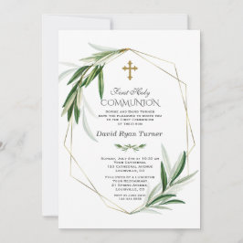 Convite Elegante Olive Deixa Dourado Menino Primeira Comun