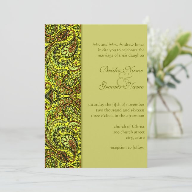 Convite Elegante Olive Green Damask Paisley Wedding (Em pé/Frente)