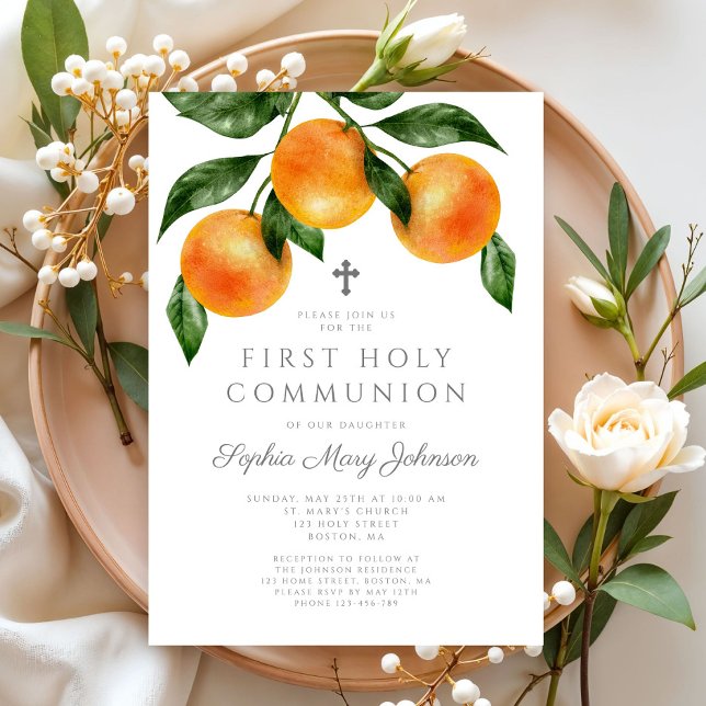 Convite Elegante Orange Girl First Santa Comunhão (Elegant Oranges Girl First Holy Communion Invitation)