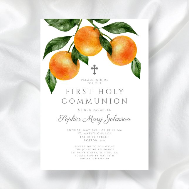 Convite Elegante Orange Girl First Santa Comunhão (Elegant Oranges Girl First Holy Communion Invitation)
