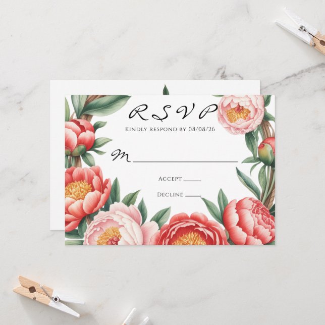 Convite Elegante Orange Peony Paint Weding RSVP (Frente/Verso In Situ)