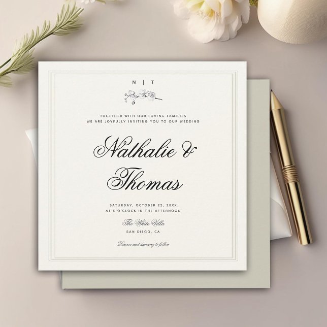 Convite Elegante Orchid Crest Faux Embossed Ecru Wedding (elegant white orchids crest monograms wedding invitation modern classic all seasons winter summer )