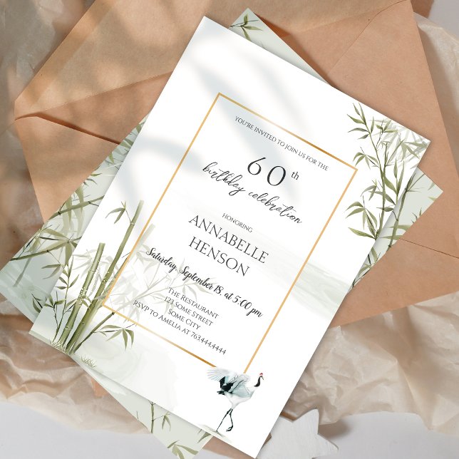 Convite Elegante Oriental Bamboo Crane 60ª Festa de aniver (Elegant Oriental Bamboo 60th Birthday Party Invitation)