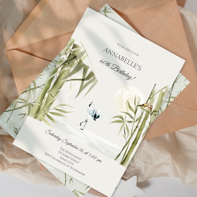 Convite Elegante Oriental Bamboo Crane 60ª Festa de aniver (Elegant Oriental Bamboo Crane 60th Birthday Party Invitation)
