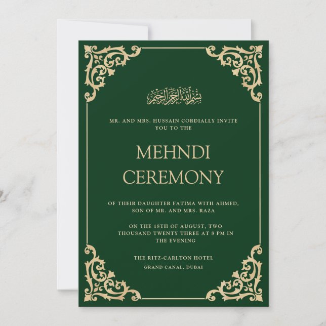 Convite Elegante Ornamentada Cerimônia de Henna Mehndi Ver (Frente)