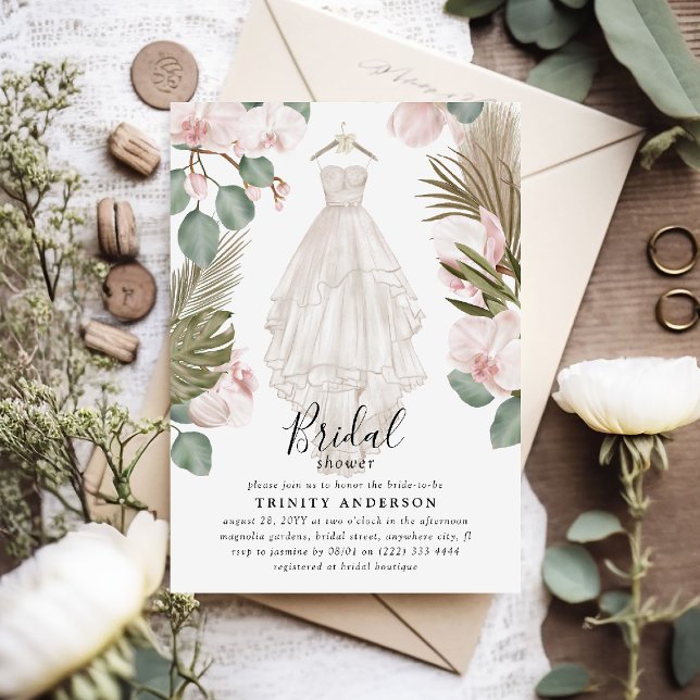 Convite Elegante Orquídea Boho Folhas Secas Chuveiro de No (Criador carregado)