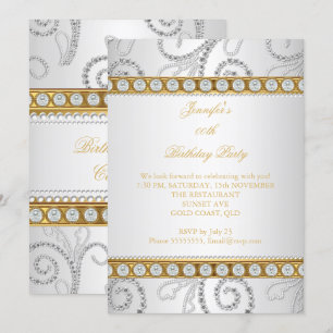 Convite Elegante Ouro Branco Diamante Pérola Festa de Aniv