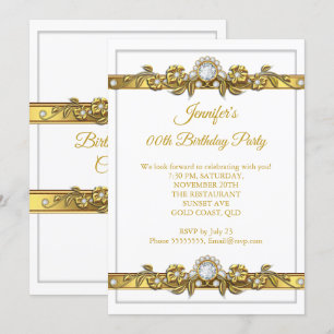 Convite Elegante Ouro Branco Festa de Aniversário com Diam
