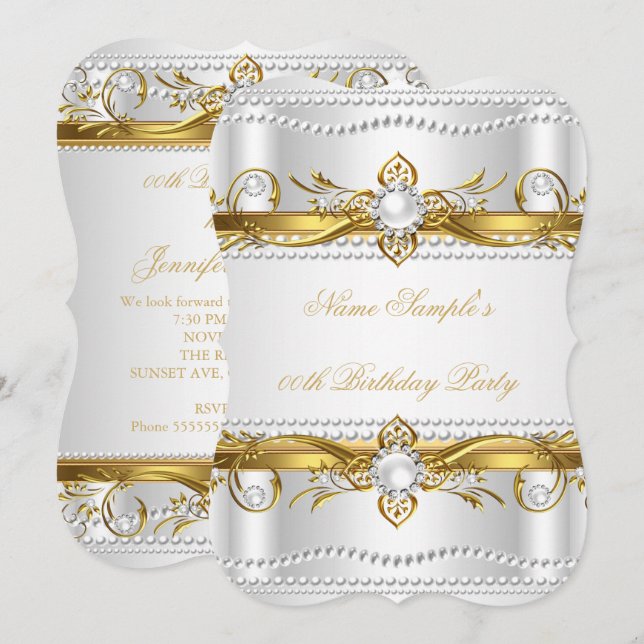 Convite Elegante Ouro Branco Pérola Seda Aniversário (Frente/Verso)
