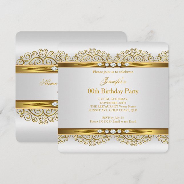 Convite Elegante Ouro Branco Prata Diamante Festa de Anive (Frente/Verso)