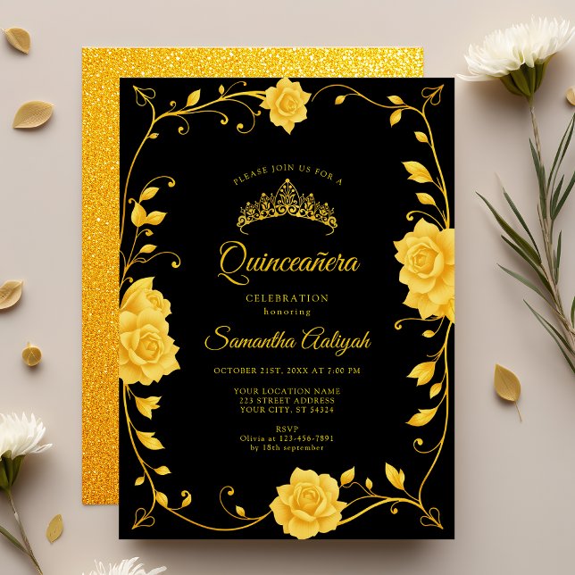 Convite Elegante Ouro Floral Quinceañera (Criador carregado)