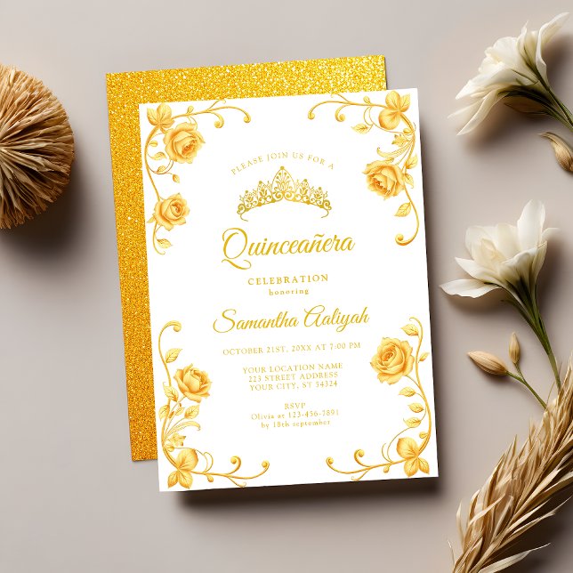 Convite Elegante Ouro Floral Quinceañera (Criador carregado)