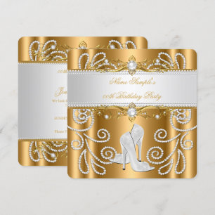 Convite Elegante Ouro Pérola Branca Diamante Salto Alto Fe