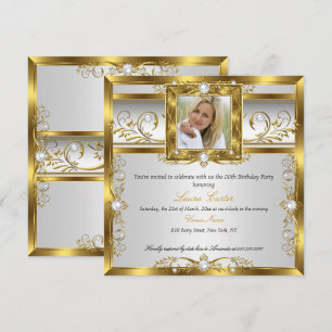 Convite Elegante Ouro Pérola Branca Foto Festa de Aniversá