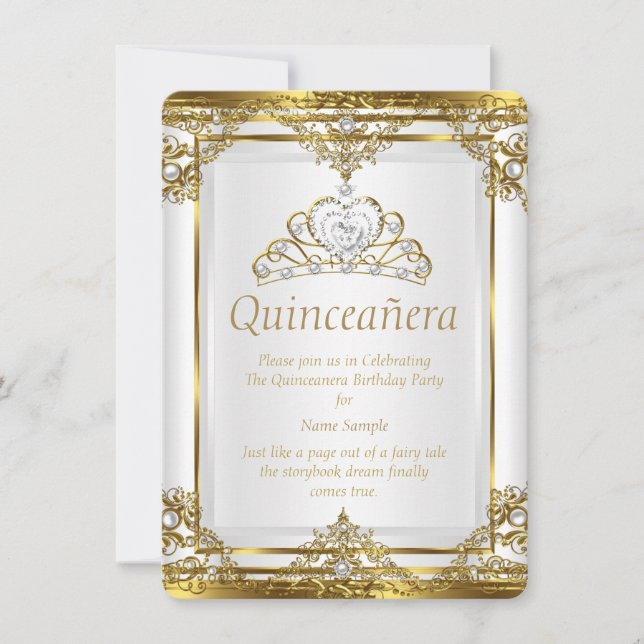Convite Elegante Ouro Pérola Branca Princesa Quinceanera (Frente)