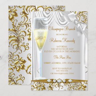 Convite Elegante Ouro Prata Branco Seda Champanhe Brunch