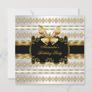 Convite Elegante Ouro Preto Branco Listra de Joia Borbolet