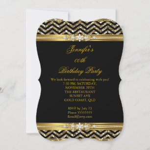 Convite Elegante Ouro Preto Chevron Diamante Aniversário 2