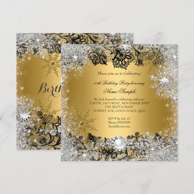 Convite Elegante Ouro Preto Renda Floco de Neve Prateado A (Frente/Verso)