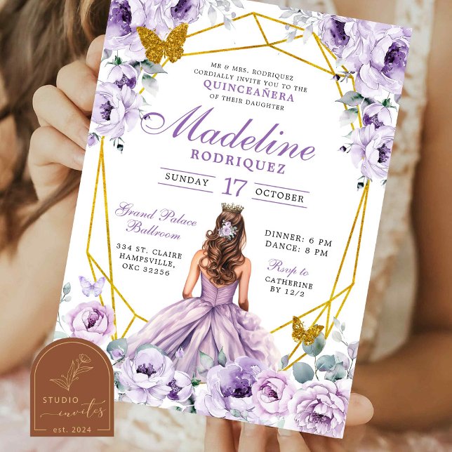 Convite Elegante Ouro Roxo Princesa Mexicana Quinceanera (Criador carregado)