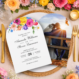 Convite Elegante Ousado Aquarela Floral Colorido Casamento