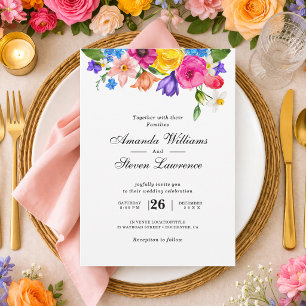 Convite Elegante Ousado Colorido Floral Aquarela Casamento