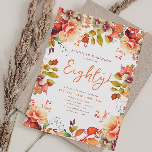 Convite Elegante Outono Floral Aquarela 80 Aniversário  (Elegant Fall Autumn Watercolor Floral 80 Birthday Invitation)
