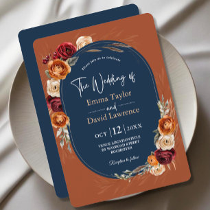 Convite Elegante outono laranja naval floral casamento