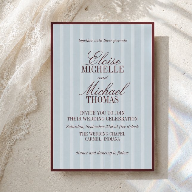 Convite Elegante padrão de listras em Azul Francês e Borgo (Elegant French Blue and Burgundy Stripe Pattern Invitation)