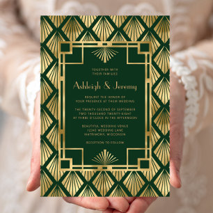 Convite Elegante Padrão Dourado Verde Vintage Deco Casamen