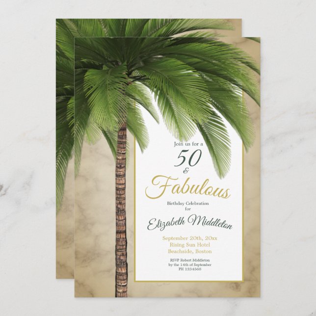 Convite Elegante Palm Tree 50 e Fabuloso Aniversário Moder (Frente/Verso)