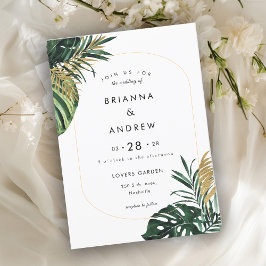 Convite Elegante, Palma Verde, Borda Dourada (Imitação)