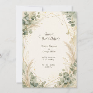 Convite Elegante Pampas de Eucalipto Dourado Casamento Lux