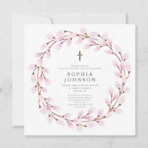 Convite Elegante para Batismo Cruzado Rosa
