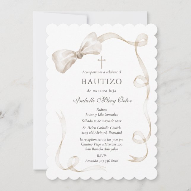 Convite Elegante Para Batizado De Menina Em Tons Bege (Frente)