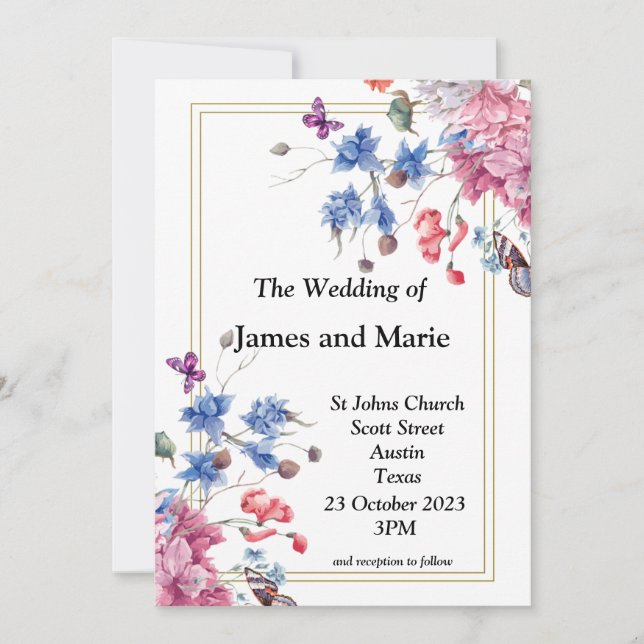 Convite Elegante para Casamento, rosa, flores azui (Frente)