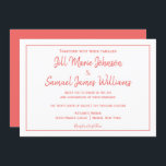 Convite Elegante para Coral e Legenda Branca<br><div class="desc">Um convite de casamento encantador que este design apresenta uma fonte de coral em um fundo branco na frente. O dorso tem cor de coral. Use os modelos para inserir informações. Peça seus convites de casamento hoje!</div>