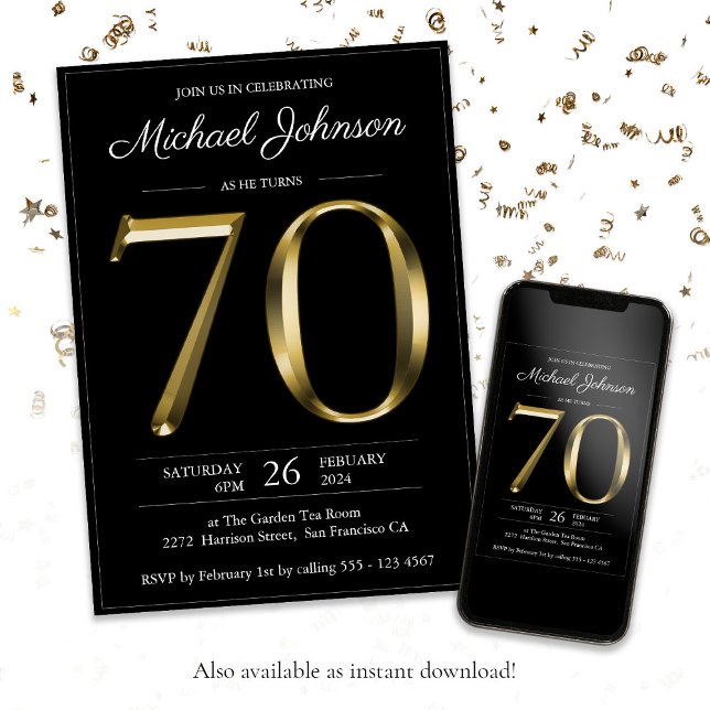 Convite Elegante Para Ele, Dourado 70 Aniversário (Black 70th Birthday Solid Gold Text Modern Classy Invitation)