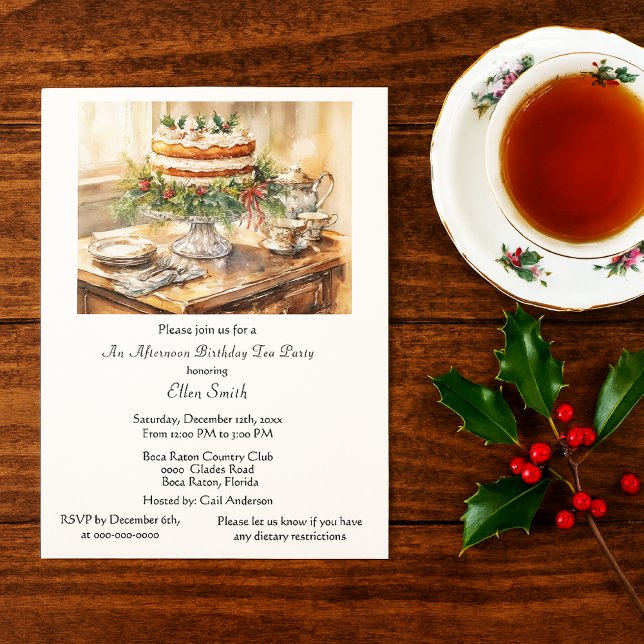 Convite Elegante para Festa de Chá de Aniversário (Christmas birthday tea party invitation template )