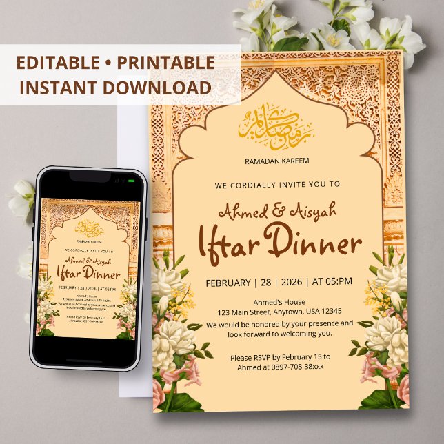 Convite elegante para Iftar com Arco Islâmico Flor (Criador carregado)