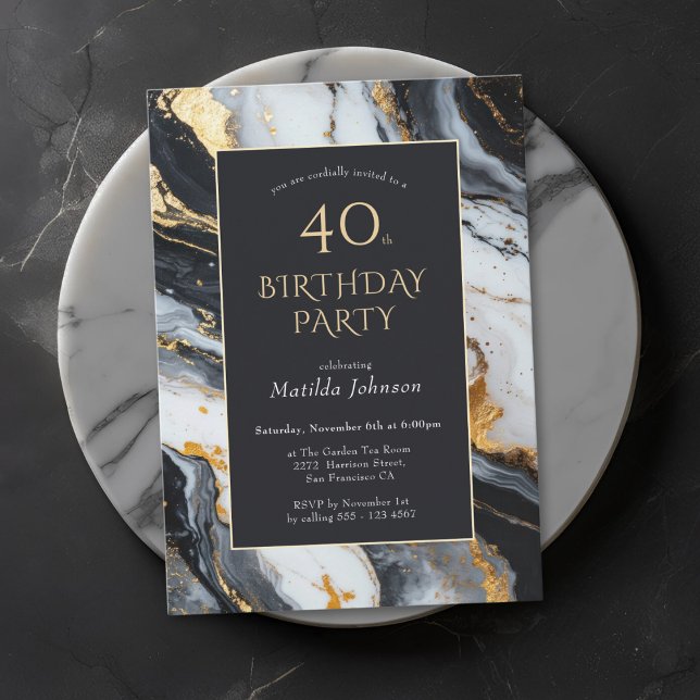 Convite Elegante para Preto e Dourado aniversário  (Elegant Black and Gold 40th Birthday Invitation)