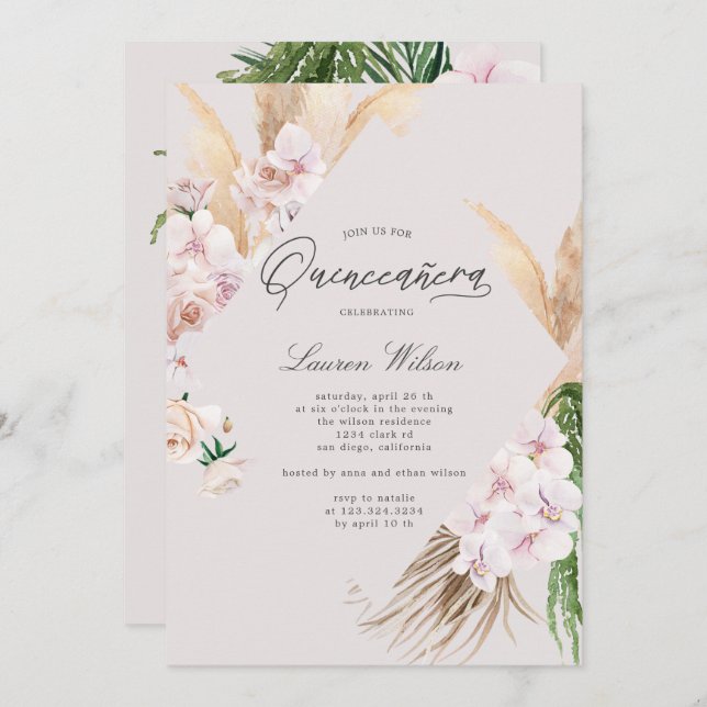 Convite elegante para Quinceanera floral tropical (Frente/Verso)