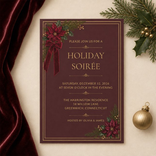 Convite Elegante para Soirée de Férias em Borgonha (Elegant Burgundy Gold Holiday Soirée Invitation)