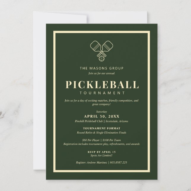 Convite Elegante para Torneio de Pickleball (Frente)