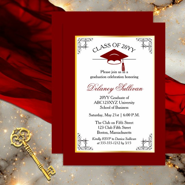 Convite Elegante Partido Formal do Formandos Dourado (Elegant Formal Gold Tone and Dark Red College | University Graduation Party Invitation )